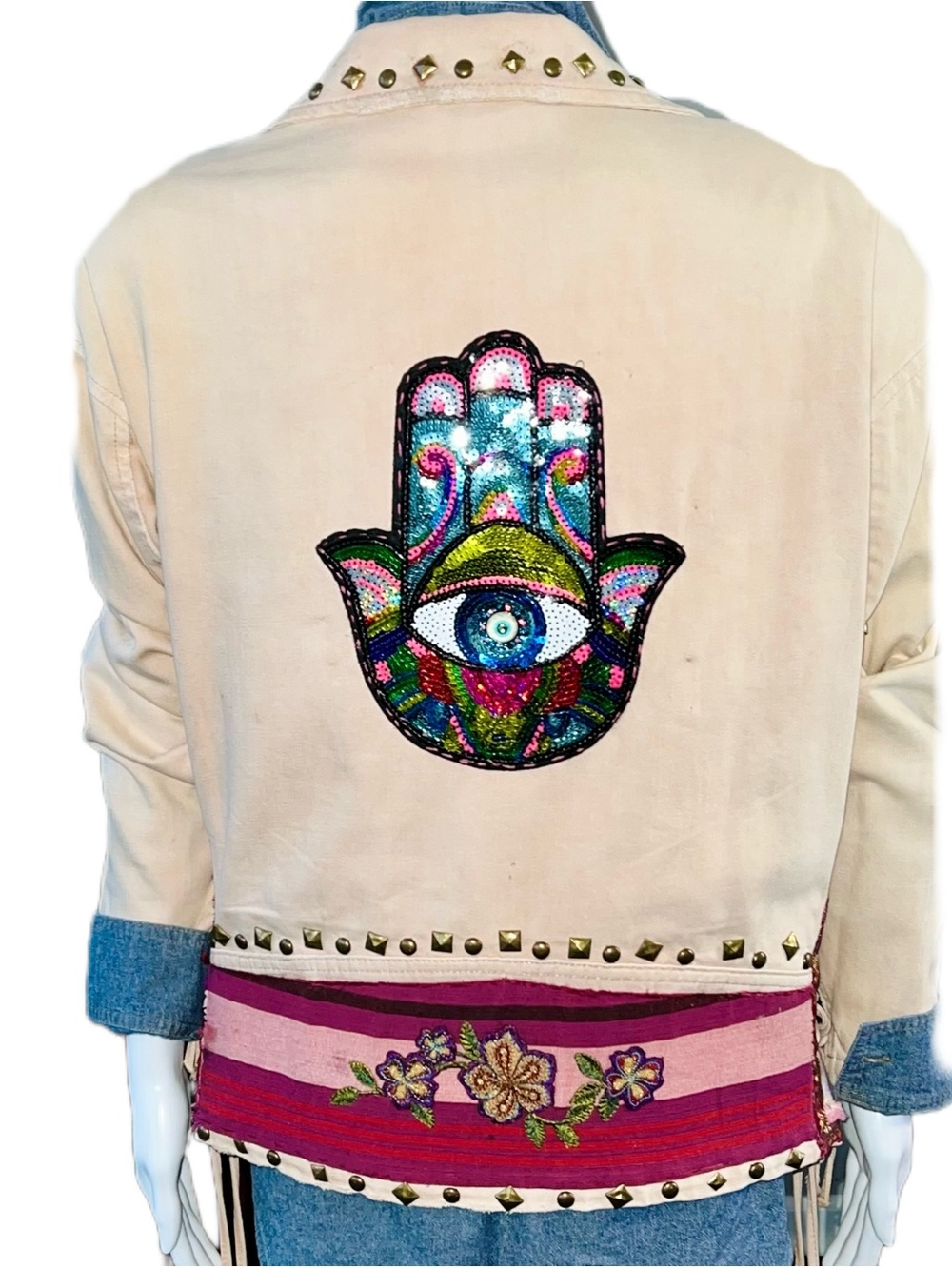 Women's Free People Up Cycled blush denim motto jacket embellished brass studs